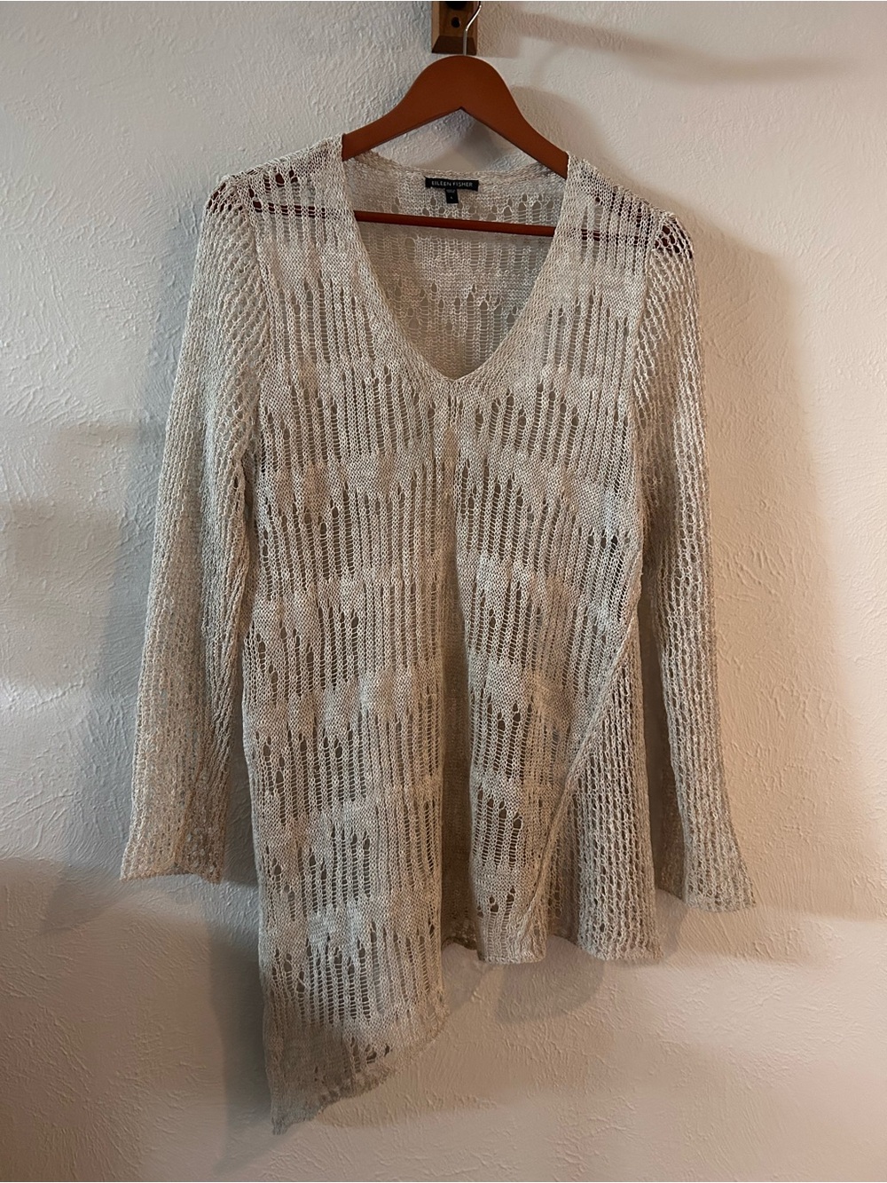 Eileen Fisher Asymmetrical V-Neck Crochet Open Knit Tunic Top Tan Large